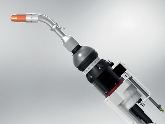 Brennerhals mit Wasserkühlung für Verschleißteile, Power Joint zur Entkopplung der Medien und die Wasser-Drehdurchführung Water Joint. Brennerhals mit Wasserkühlung für Verschleißteile, Power Joint zur Entkopplung der Medien und die Wasser-Drehdurchführung Water Joint.