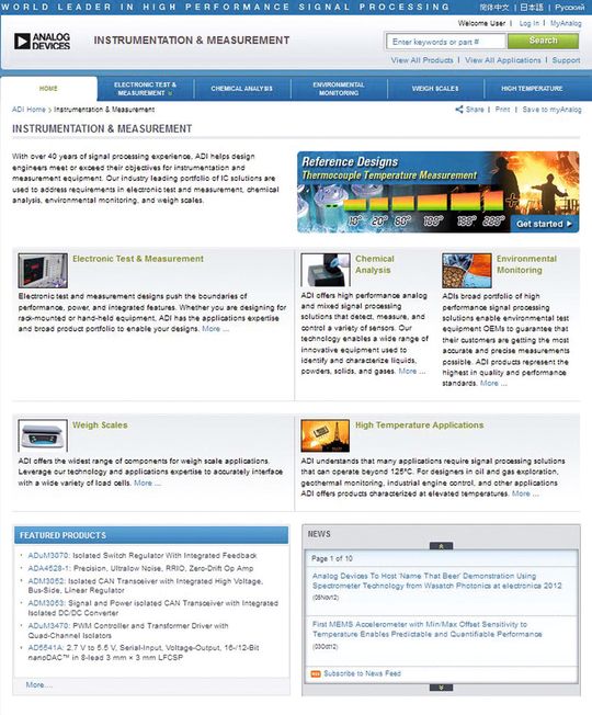 Bild 1: Auf der Website Instrumentation & Measurement finden Entwickler applikationsspezifische Produktvorschläge, Blockschaltbilder, Simulationstools und weiterführende Artikel. Bild 1: Auf der Website Instrumentation & Measurement finden Entwickler applikationsspezifische Produktvorschläge, Blockschaltbilder, Simulationstools und weiterführende Artikel.