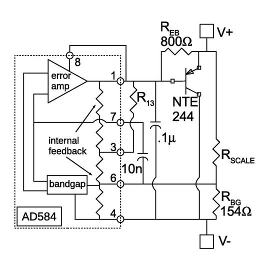 Bild 1: Die Spannungsreferenz AD584 bildet zusammen mit dem externen Transistor NTE-244 einen Shunt-Regler, der bis zu 50 W verkraftet. Bild 1: Die Spannungsreferenz AD584 bildet zusammen mit dem externen Transistor NTE-244 einen Shunt-Regler, der bis zu 50 W verkraftet.