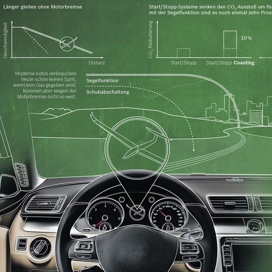 Bosch hat ein System entwickelt, das den Verbrennungsmotor während der Fahrt abschaltet, sobald das Fahrzeug durch bloßes Rollen seine Geschwindigkeit halten kann. Bosch hat ein System entwickelt, das den Verbrennungsmotor während der Fahrt abschaltet, sobald das Fahrzeug durch bloßes Rollen seine Geschwindigkeit halten kann.