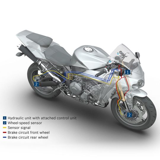 Mit einem Antiblockiersystem lässt sich ein Motorrad wesentlich sicherer bremsen. Mit einem Antiblockiersystem lässt sich ein Motorrad wesentlich sicherer bremsen.
