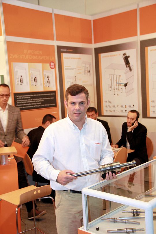 At Euromold 2013, Ricardo Lopes, export manager at Cumsa's European division, shows off the company’s rod for double ejection, which is said to suit medium to large moulds. At Euromold 2013, Ricardo Lopes, export manager at Cumsa's European division, shows off the company’s rod for double ejection, which is said to suit medium to large moulds.