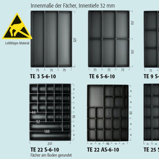 Tiefgezogene Schubladen-Standardeinsätze in Schwarz von Licefa, leitfähige Ausführung Liastat. Tiefgezogene Schubladen-Standardeinsätze in Schwarz von Licefa, leitfähige Ausführung Liastat.