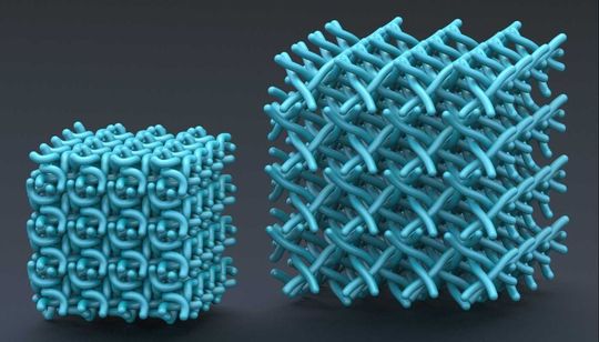 Abb. 2: Das Computermodell zeigt die Struktur der Keratin-Fasern der äußeren Hautzellen im zusammengezogenen (links) und ausgedehnten (rechts) Zustand. Der Raum zwischen den Fasern ist mit Wasser gefüllt. Abb. 2: Das Computermodell zeigt die Struktur der Keratin-Fasern der äußeren Hautzellen im zusammengezogenen (links) und ausgedehnten (rechts) Zustand. Der Raum zwischen den Fasern ist mit Wasser gefüllt.