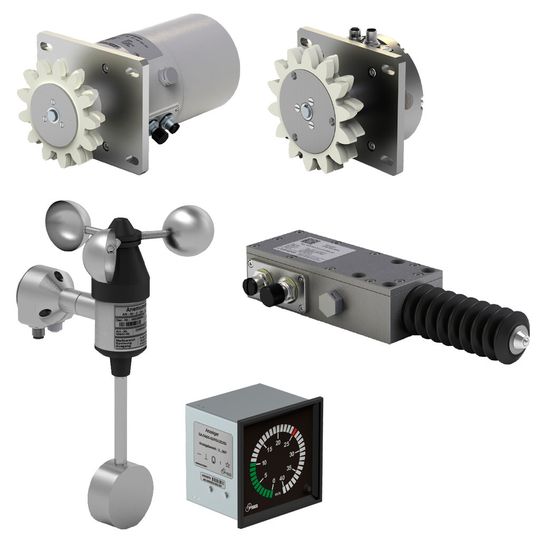 FSG-Sensoren für den Einsatz in Krananlagen: Drehkranzgeber (oben), Lineargeber (Mitte rechts), Anemometer und Anzeigegerät (unten)
