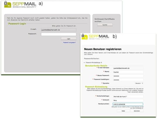 Benutzerregistrierung am SEPPMail-System: Nach Eingabe des Initialpassworts (a) legt der Empfänger ein eigenes Passwort sowie eine Sicherheitsfrage und -antwort für ein automatisiertes Zurücksetzen des Passwortes fest (b). Benutzerregistrierung am SEPPMail-System: Nach Eingabe des Initialpassworts (a) legt der Empfänger ein eigenes Passwort sowie eine Sicherheitsfrage und -antwort für ein automatisiertes Zurücksetzen des Passwortes fest (b).