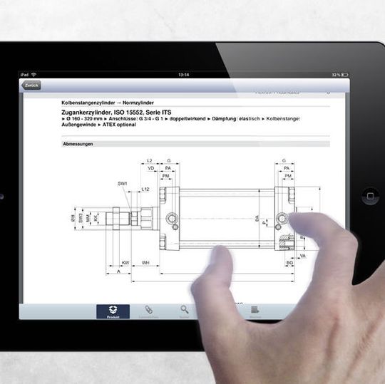 Die Katalog-App umfasst das Kernprogramm an Pneumatikkomponenten und bietet Detailinformationen zu jedem Produkt.