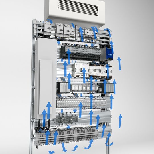 Mit intelligenter Luftführung sind große Energieeinspar-Potenziale gebenüber traditionellen Verdrahtungssystemen bei der Schaltschrankkühlung möglich. Mit intelligenter Luftführung sind große Energieeinspar-Potenziale gebenüber traditionellen Verdrahtungssystemen bei der Schaltschrankkühlung möglich.