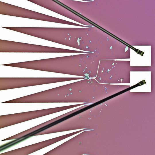 Mikroskopbild von WSe2-Proben, mit Elektroden-Anschluss-Microscope Mikroskopbild von WSe2-Proben, mit Elektroden-Anschluss-Microscope