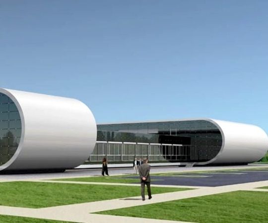 Die futuristische Architektur der neuen Power-Fabrik soll die Fortschrittlichkeit und Innovationsstärke der Firma Puls und ihrer Produkte signalisieren Die futuristische Architektur der neuen Power-Fabrik soll die Fortschrittlichkeit und Innovationsstärke der Firma Puls und ihrer Produkte signalisieren