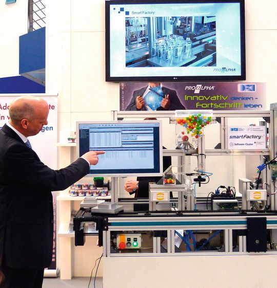 Der Demonstrator zeigt, wie die Produktionssysteme vertikal mit den betriebswirtschaftlichen Prozessen im ERP-System vernetzt sind. Der Demonstrator zeigt, wie die Produktionssysteme vertikal mit den betriebswirtschaftlichen Prozessen im ERP-System vernetzt sind.