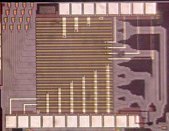 Das Integrated Optical Phased Array des Caltech: auf der Oberfläche sind deutliche die Pfade für die Lichtstrahlen zu sehen. Das Integrated Optical Phased Array des Caltech: auf der Oberfläche sind deutliche die Pfade für die Lichtstrahlen zu sehen.