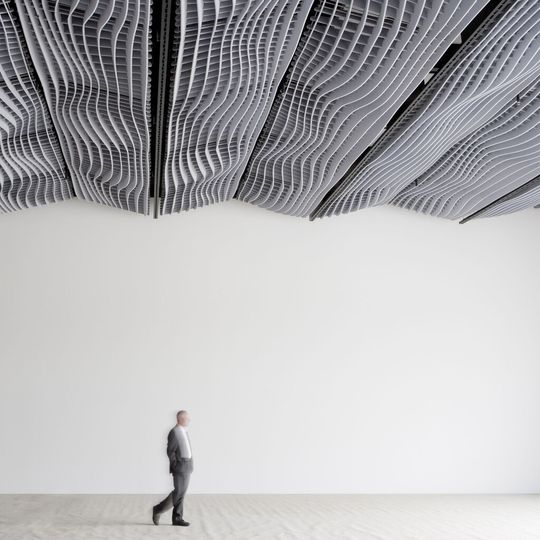 Das prämierte WAVE Akustikmodul im Konferenzraum der Messe Luzern. Das prämierte WAVE Akustikmodul im Konferenzraum der Messe Luzern.