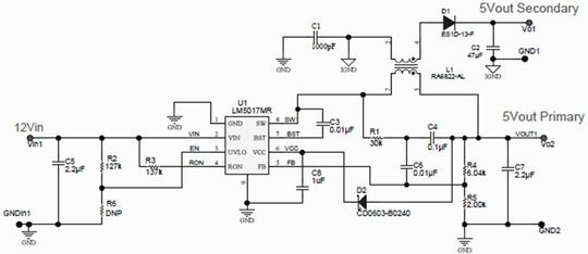 Bild 1: Ein Fly-Buck-Wandler ist eine einfache Möglichkeit zur Bereitstellung eines geregelten, isolierten Ausgangs. Bild 1: Ein Fly-Buck-Wandler ist eine einfache Möglichkeit zur Bereitstellung eines geregelten, isolierten Ausgangs.