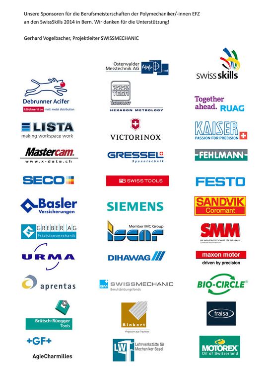 L'ensemble des sponsors de SwissSkills 2014 avec notamment notre confrère le SMM Schweizer Maschinenmarkt.