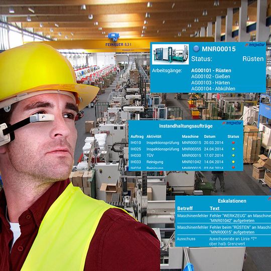 Die Datenbrille von MPDV Microlab kann Informationen aus dem Manufacturing Execution System darstellen. Werker erfahren so von Zwischenfällen, ohne ihre Tätigkeit zu unterbrechen. Die Datenbrille von MPDV Microlab kann Informationen aus dem Manufacturing Execution System darstellen. Werker erfahren so von Zwischenfällen, ohne ihre Tätigkeit zu unterbrechen.