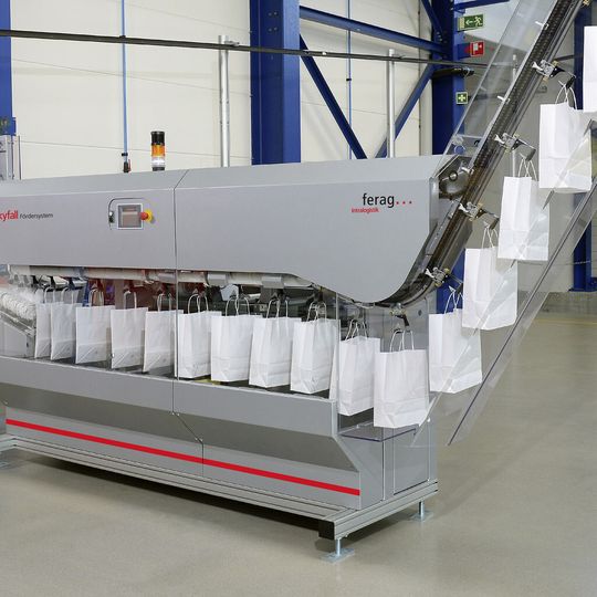 Startpunkt: Die Papiertaschen werden, pneumatisch geöffnet, von der Fördereinheit aufgenommen. Startpunkt: Die Papiertaschen werden, pneumatisch geöffnet, von der Fördereinheit aufgenommen.