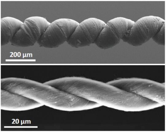 Kohlenstoff Nanoröhrengarn kontrahiert (oben) und entspannt (unten) Kohlenstoff Nanoröhrengarn kontrahiert (oben) und entspannt (unten)