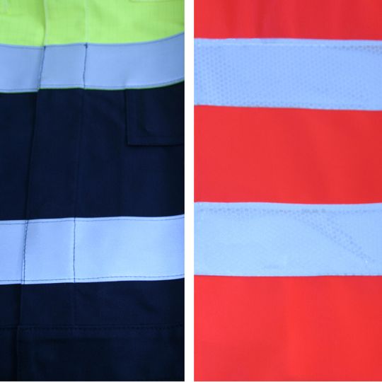 Warnwese links: alle Verbindungen konventionell genäht. Sicherheitsweste rechts: alle Verbindungen mit Laserschweißen ausgeführt.