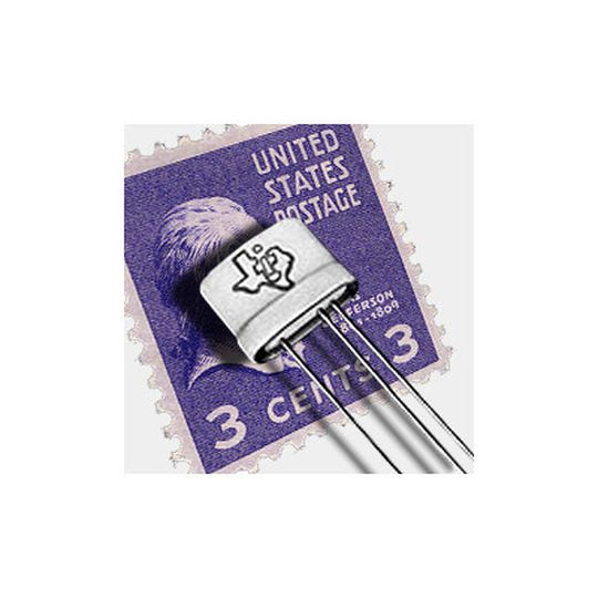 Kleiner als eine Briefmarke! Ein frühes Werbemotiv für den ersten Siliziumtransistor Kleiner als eine Briefmarke! Ein frühes Werbemotiv für den ersten Siliziumtransistor