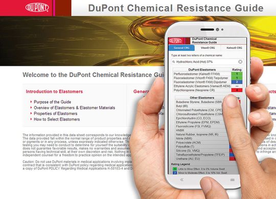 Le Guide de Sélection en Ligne (CRG) a été réactualisé afin de pouvoir être consulté sur la plupart des Smartphones. Il suffit pour cela de s’enregistrer en ligne et de lancer le CRG depuis le lien e-mail de votre Smartphone ! Les informations présentées vont de données générales jusqu’à des données de performance spécifiques pour DuPont Kalrez® and Viton®. Le Guide de Sélection en Ligne (CRG) a été réactualisé afin de pouvoir être consulté sur la plupart des Smartphones. Il suffit pour cela de s’enregistrer en ligne et de lancer le CRG depuis le lien e-mail de votre Smartphone ! Les informations présentées vont de données générales jusqu’à des données de performance spécifiques pour DuPont Kalrez® and Viton®.