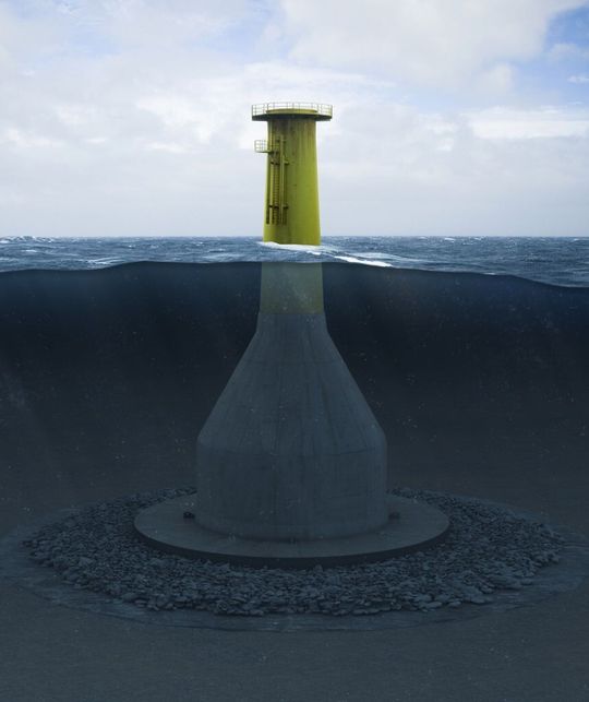 2000 t wiegt das Schwerkraftfundament und hat einen Durchmesser von 30 m auf dem Meeresboden. 2000 t wiegt das Schwerkraftfundament und hat einen Durchmesser von 30 m auf dem Meeresboden.