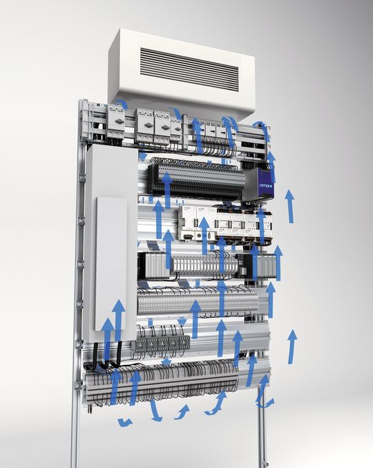 Mit intelligenter Luftführung sind große Energieeinspar-Potenziale gegenüber traditionellen Verdrahtungssystemen bei der Schaltschrankkühlung möglich. Mit intelligenter Luftführung sind große Energieeinspar-Potenziale gegenüber traditionellen Verdrahtungssystemen bei der Schaltschrankkühlung möglich.