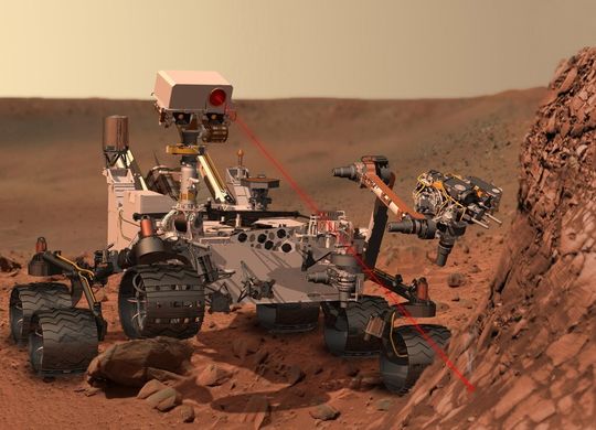 Bild 1: Die Analyse von Gestein und Bodenbeschaffenheit ist Hauptaufgabe des Mars-Rover Curiosity.