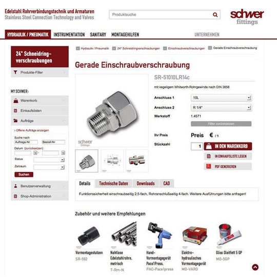 E-Shop-Lösung für Edelstahl-Verschraubungen und Edelstahl-Armaturen von Schwer Fitting im Internet. E-Shop-Lösung für Edelstahl-Verschraubungen und Edelstahl-Armaturen von Schwer Fitting im Internet.