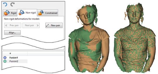 Vergleich vorher-nachher beim nicht-starren In-vivo-Scanning für den 3D-Druck: Einzelscans aus unterschiedlichen Blickwinkeln werden grob nachbearbeitet, automatisch in einem globalen Koordinatensystem angeordnet und zu einem 3D-Modell fusioniert. Vergleich vorher-nachher beim nicht-starren In-vivo-Scanning für den 3D-Druck: Einzelscans aus unterschiedlichen Blickwinkeln werden grob nachbearbeitet, automatisch in einem globalen Koordinatensystem angeordnet und zu einem 3D-Modell fusioniert.