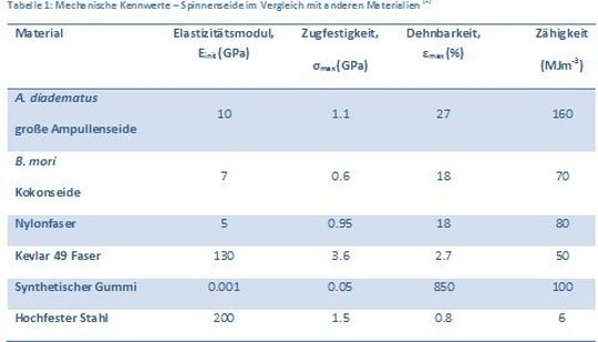 Tabelle : So lässt sich Spinnenseide im Vergleich zu klassischen Werkstoffen in Bezug auf ihre mechanischen Eigenschaften einordnen. Tabelle : So lässt sich Spinnenseide im Vergleich zu klassischen Werkstoffen in Bezug auf ihre mechanischen Eigenschaften einordnen.