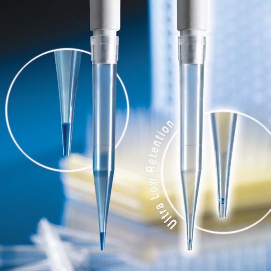 Die Ultra Low Retention Pipetten- und Filterspitzen sind flüssigkeitsabweisender als PTFE Die Ultra Low Retention Pipetten- und Filterspitzen sind flüssigkeitsabweisender als PTFE