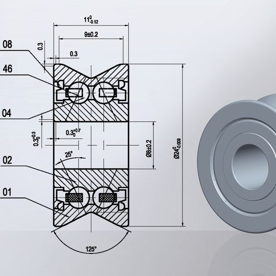 Bei dieser Laufrolle für eine Linearführungseinheit wurde das Profil des Außenrings optimiert. Bei dieser Laufrolle für eine Linearführungseinheit wurde das Profil des Außenrings optimiert.