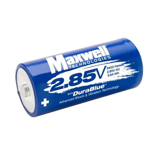 2,85-Volt, 3.400-Farad Ultrakondensator Zelle von Maxwell. 2,85-Volt, 3.400-Farad Ultrakondensator Zelle von Maxwell.