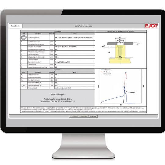 Ejot Delta Calc „light“ – Online-Prognoseprogramm zur Vorauslegung von Direktverschraubungen in Thermoplaste.