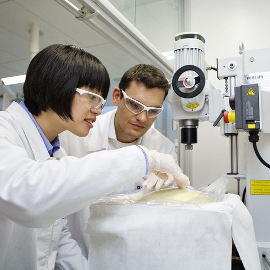 Karen Kong (left), lab chemist, and Daniel Freidank (right), lab manager, checks the foaming process of a polyurethane block foam. Polyurethane is used in a wide variety of applications to create all manner of consumer and industrial products that play a crucial role in making our lives more convenient and comfortable while helping enhance energy efficiency. Print free of charge. Copyright by BASF Karen Kong (left), lab chemist, and Daniel Freidank (right), lab manager, checks the foaming process of a polyurethane block foam. Polyurethane is used in a wide variety of applications to create all manner of consumer and industrial products that play a crucial role in making our lives more convenient and comfortable while helping enhance energy efficiency. Print free of charge. Copyright by BASF