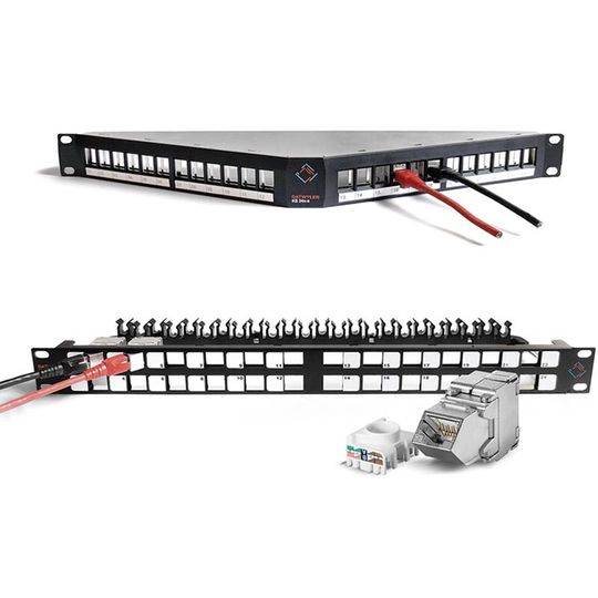 Sowohl mit dem Patchpanel KS 24x-a (oben) als auch mit dem Verteilerfeld KS 24x-s plus den Keystone-Modulen KS-TA (unten) kann man von links und rechts patchen. Sowohl mit dem Patchpanel KS 24x-a (oben) als auch mit dem Verteilerfeld KS 24x-s plus den Keystone-Modulen KS-TA (unten) kann man von links und rechts patchen.