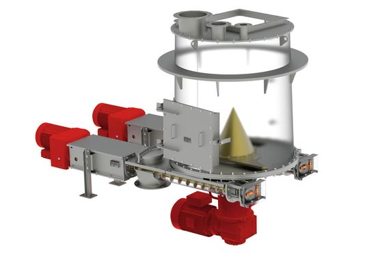 Die Siloentleerung geschieht per Schwerkraft durch die Auslauföffnung. Das darunter befindliche Abförderorgan, für pastöse Stoffe eher eine Doppelförderschnecke mit kämmenden Schneckenwellen und progressiver Fördergewindesteigung, generiert die gewünschte Siloabgabemenge. Damit wird das Abförderorgan zum Dosierer.