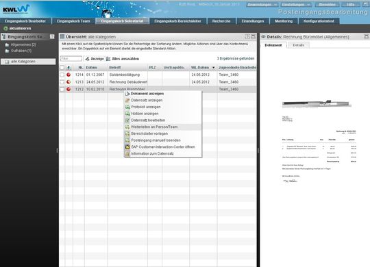 Screenshot: Eingangskorb Sekretariat