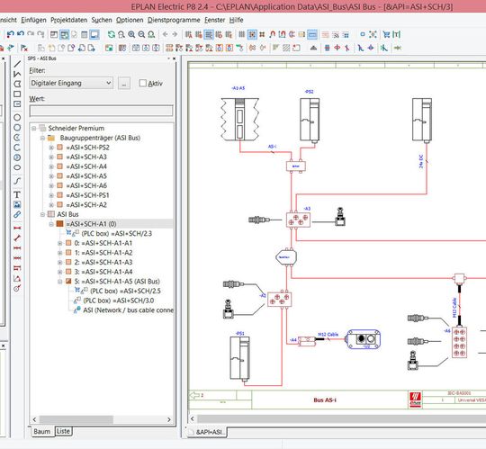 Auf Basis einer einfachen, einpoligen Darstellung mit Busanschlüssen ermittelt Eplan Electric P8 automatisch die Buskonfiguration.