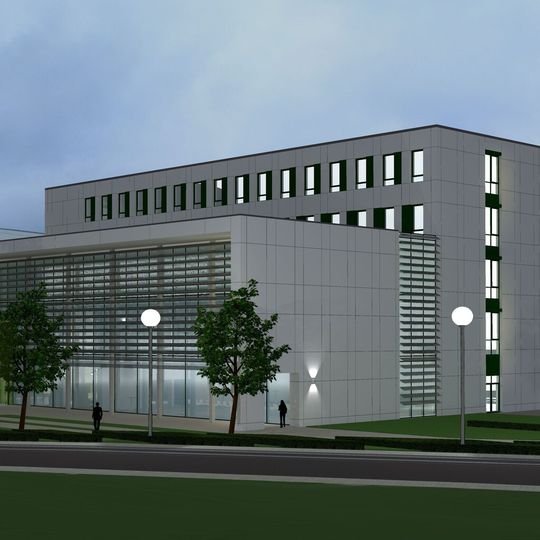 Die Grafik zeigt den Blick auf den Neubau aus südlicher Richtung. Die neue Wago-Zentrale wird aus zwei jeweils fünfgeschossigen Büroeinheiten und einem leicht wirkenden Vorbau bestehen.