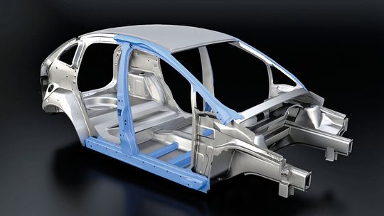Der Stahl «DP1000HY» von Tata Steel kommt bei der Herstellung von Crashbauteilen für Fahrzeuge zum Einsatz. Hier in Blau hervorgehoben: A- und B-Säulenverstärkungen, Türschwellen und Querträger. Der Stahl «DP1000HY» von Tata Steel kommt bei der Herstellung von Crashbauteilen für Fahrzeuge zum Einsatz. Hier in Blau hervorgehoben: A- und B-Säulenverstärkungen, Türschwellen und Querträger.