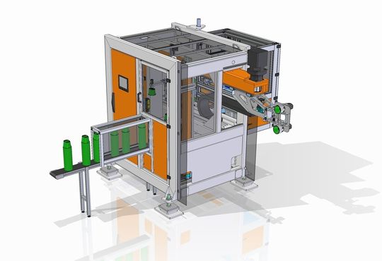 Manufacturing cell with feed and removal system for in-mould labelling. Manufacturing cell with feed and removal system for in-mould labelling.