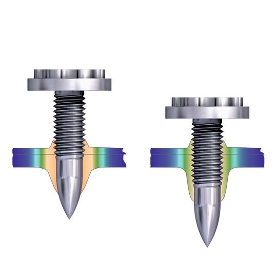 Ablaufphasen beim lochlosen Fügen von Stahl und Aluminium mit der FDS-Schraube von Ejot. Ablaufphasen beim lochlosen Fügen von Stahl und Aluminium mit der FDS-Schraube von Ejot.