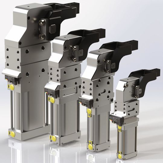 Die pneumatischen Kraftspanner sind in vier Versionen verfügbar und bieten einen Öffnungswinkel von bis zu 135°. Die pneumatischen Kraftspanner sind in vier Versionen verfügbar und bieten einen Öffnungswinkel von bis zu 135°.