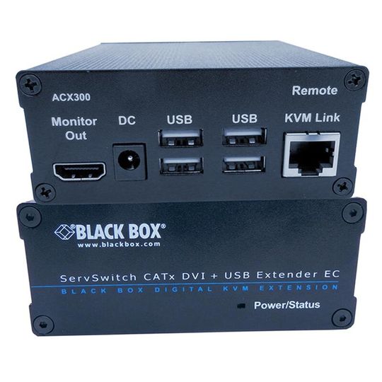 Der Servswitch CATx DVI-D + USB Extender EC überträgt laut Black Box über ein einziges CAT5e/6/7-Kabel Video- und Peripheriesignale verlustfrei über die Distanz von 100 Metern. Der Servswitch CATx DVI-D + USB Extender EC überträgt laut Black Box über ein einziges CAT5e/6/7-Kabel Video- und Peripheriesignale verlustfrei über die Distanz von 100 Metern.