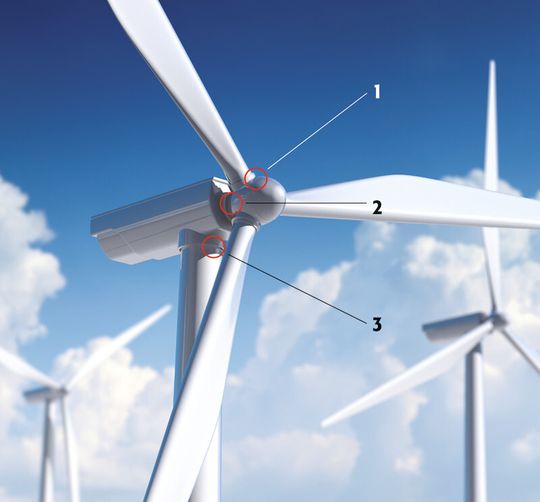 1. Rotor: bei Pitch-gesteuerten Anlagen dichten flexible Bürsten die Blattverstellung ab. 2. Gondel: vielfältige Abdichtlösungen bei Übergängen von Dachelementen zur Seitenwand, von der Seitenwand zu den Bodenelementen sowie bei allen konstruktionsbedingten Öffnungen, wie bei der Gondel zur Rotorwelle oder bei Revissionsöffnungen.3.Abdichtung im Drehbereich (Azimutverstellung) der Gondel zum Turm. 1. Rotor: bei Pitch-gesteuerten Anlagen dichten flexible Bürsten die Blattverstellung ab. 2. Gondel: vielfältige Abdichtlösungen bei Übergängen von Dachelementen zur Seitenwand, von der Seitenwand zu den Bodenelementen sowie bei allen konstruktionsbedingten Öffnungen, wie bei der Gondel zur Rotorwelle oder bei Revissionsöffnungen.3.Abdichtung im Drehbereich (Azimutverstellung) der Gondel zum Turm.
