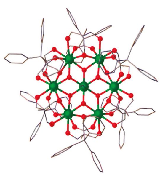 Das magnetische Molekül „Gd7“, das in dem Tieftemperaturexperiment eingesetzt wurde, hat die geometrische Struktur einer Schneeflocke. Das magnetische Molekül „Gd7“, das in dem Tieftemperaturexperiment eingesetzt wurde, hat die geometrische Struktur einer Schneeflocke.