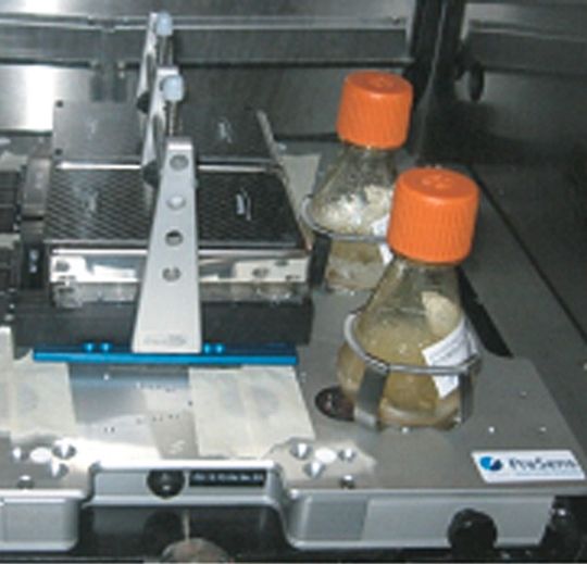 Abb. 1: Kombination des Shake-Flask Reader und Sensor-Dish Reader in einem Schüttler. Abb. 1: Kombination des Shake-Flask Reader und Sensor-Dish Reader in einem Schüttler.