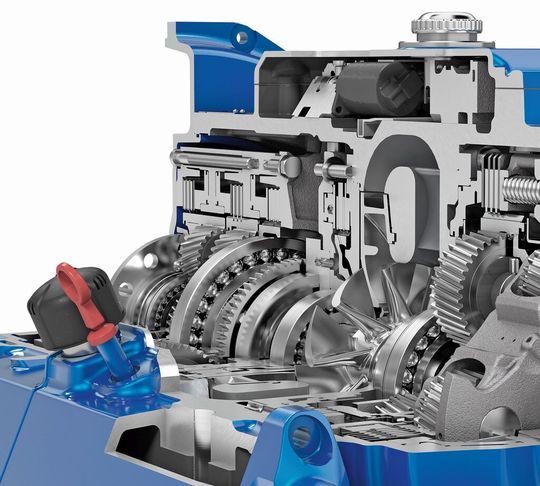Schnitt durch das Getriebegehäuse mit Planetenträger (DIWA-Planetenträger von Voith). Mit der Software SIMULIA Tosca Structure gelang eine Gewichtsreduktion von über 30 %.